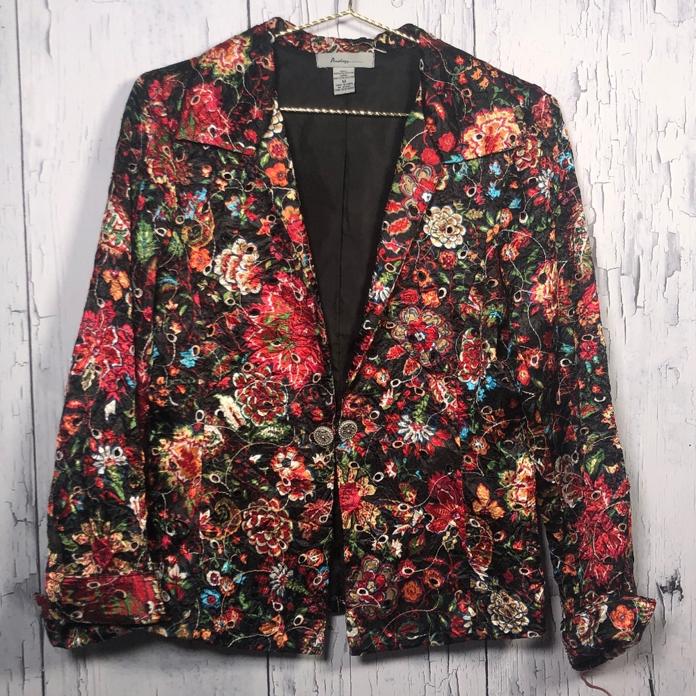 Analogy Black Floral Print Blazer Jacket  Sz M EUC